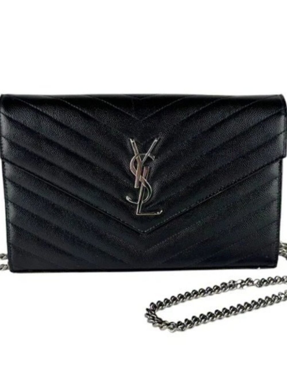 Auth SAINT LAURENT Chain Wallet Crossbody Bag Black/Silver Leather/Metal z10145